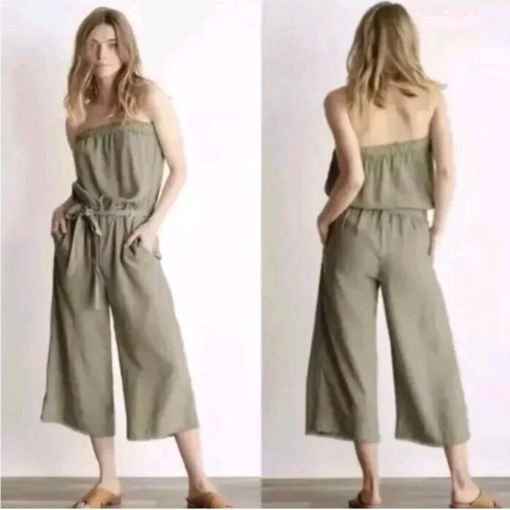 Anthropologie Cloth‎ & Stone Crop Wide Leg Strapless Jumpsuit Tencel Green XS